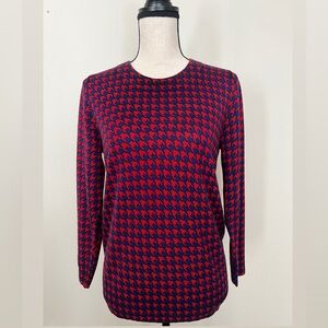 J. Crew Sweater Women's Red Blue Houndstooth 100% Merino Wool Crew -